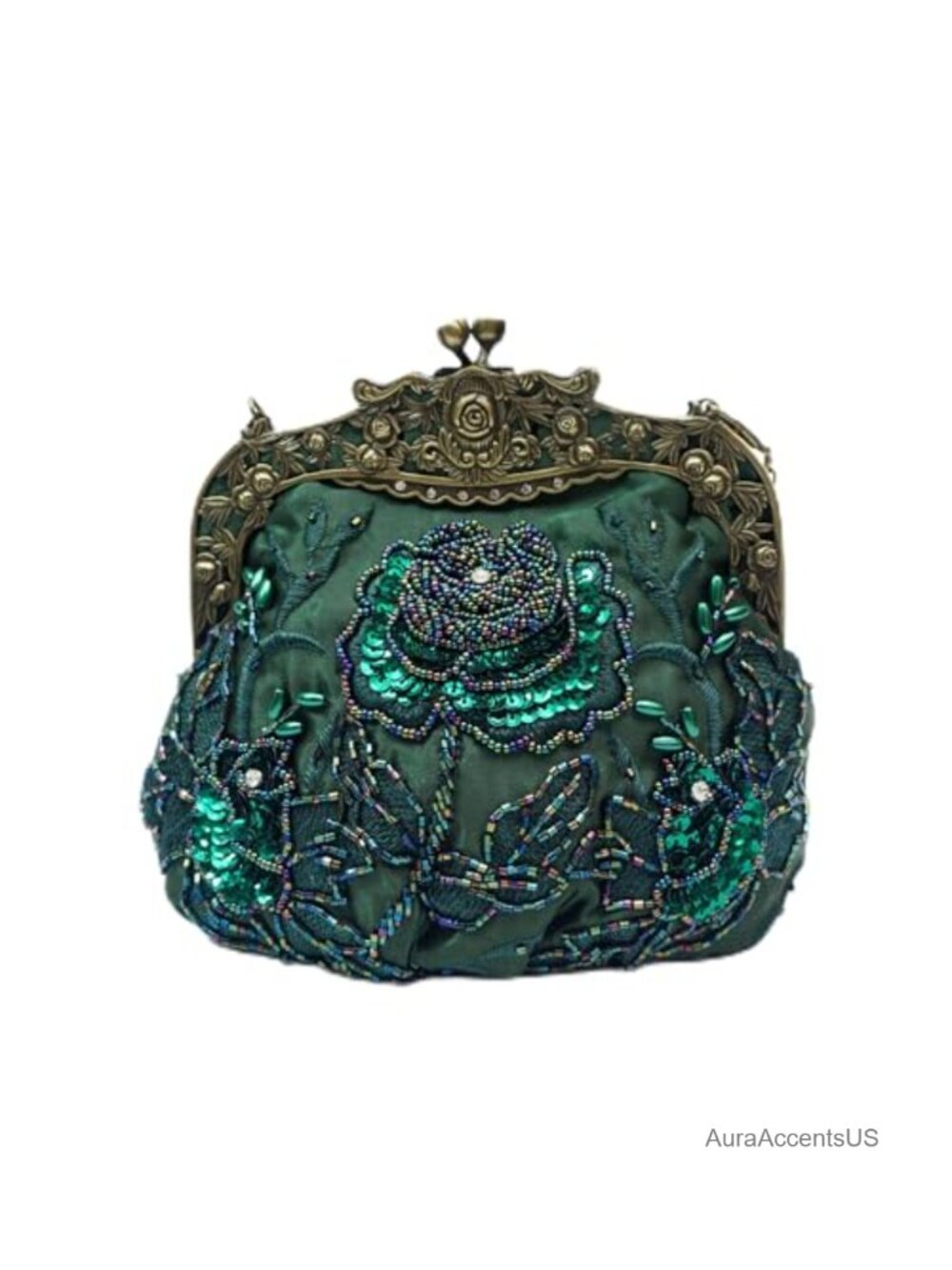 Beaded Evening Clutch Kiss Lock Purse, Handmade Rose Art Deco Handbag, Crossbody